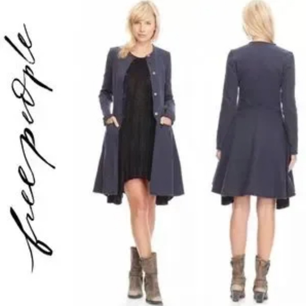 Free People Like New Denim Fit & Flare Ribbed Long Sleeve Raw Hem Duster Jacket